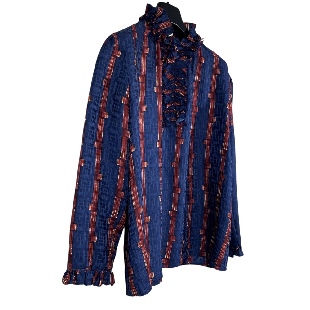 Warm by Tracy Feith 100% Silk Luxury Blouse Womens S Navy Blue Ruffle Top - Picture 4 of 9